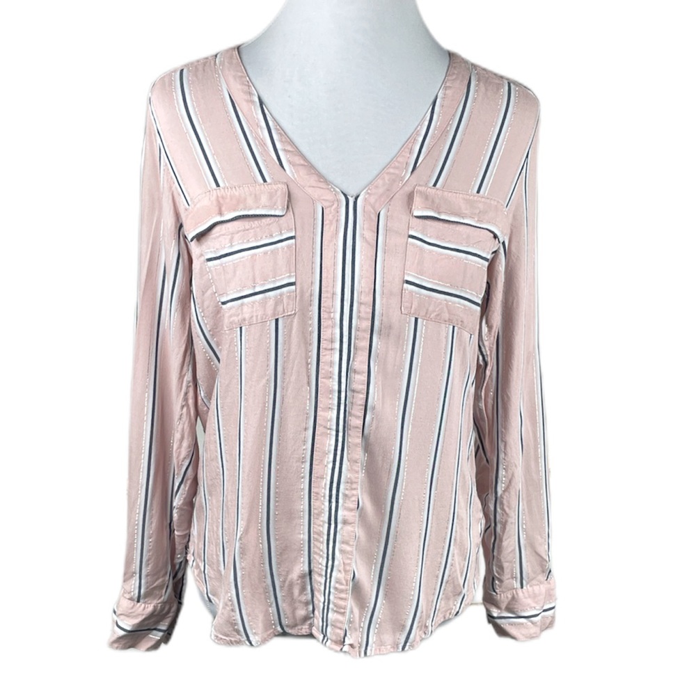 Express Striped Pull Over Long Sleeve Shirt, Pink, Silver, Navy, White, Medium
